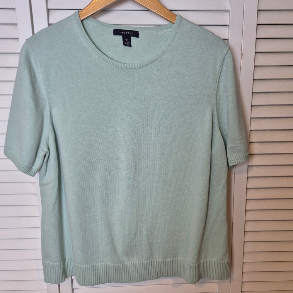 Lands' End Cotton Knit Top Short Sleeve Mint‎ Green Crew Neck Comfy Casual 1X
